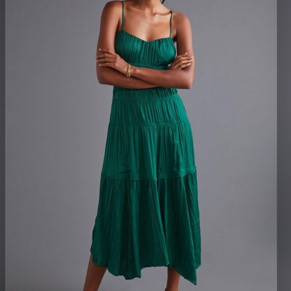 Anthropologie Ruched Slip Dress- emerald green - Picture 1 of 11